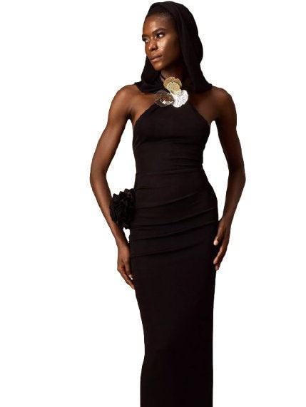 Hooded Black Appliqued Maxi Dress - Dresses