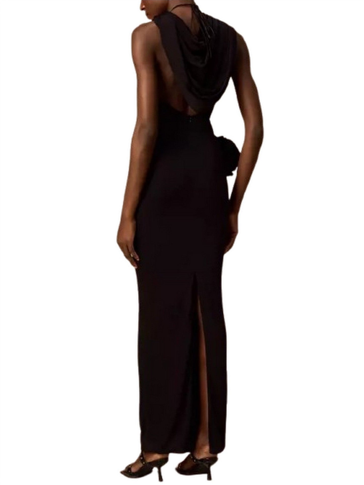 Hooded Black Appliqued Maxi Dress - Dresses