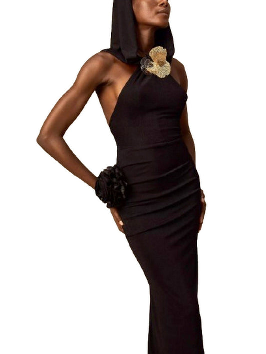 Hooded Black Appliqued Maxi Dress - Dresses