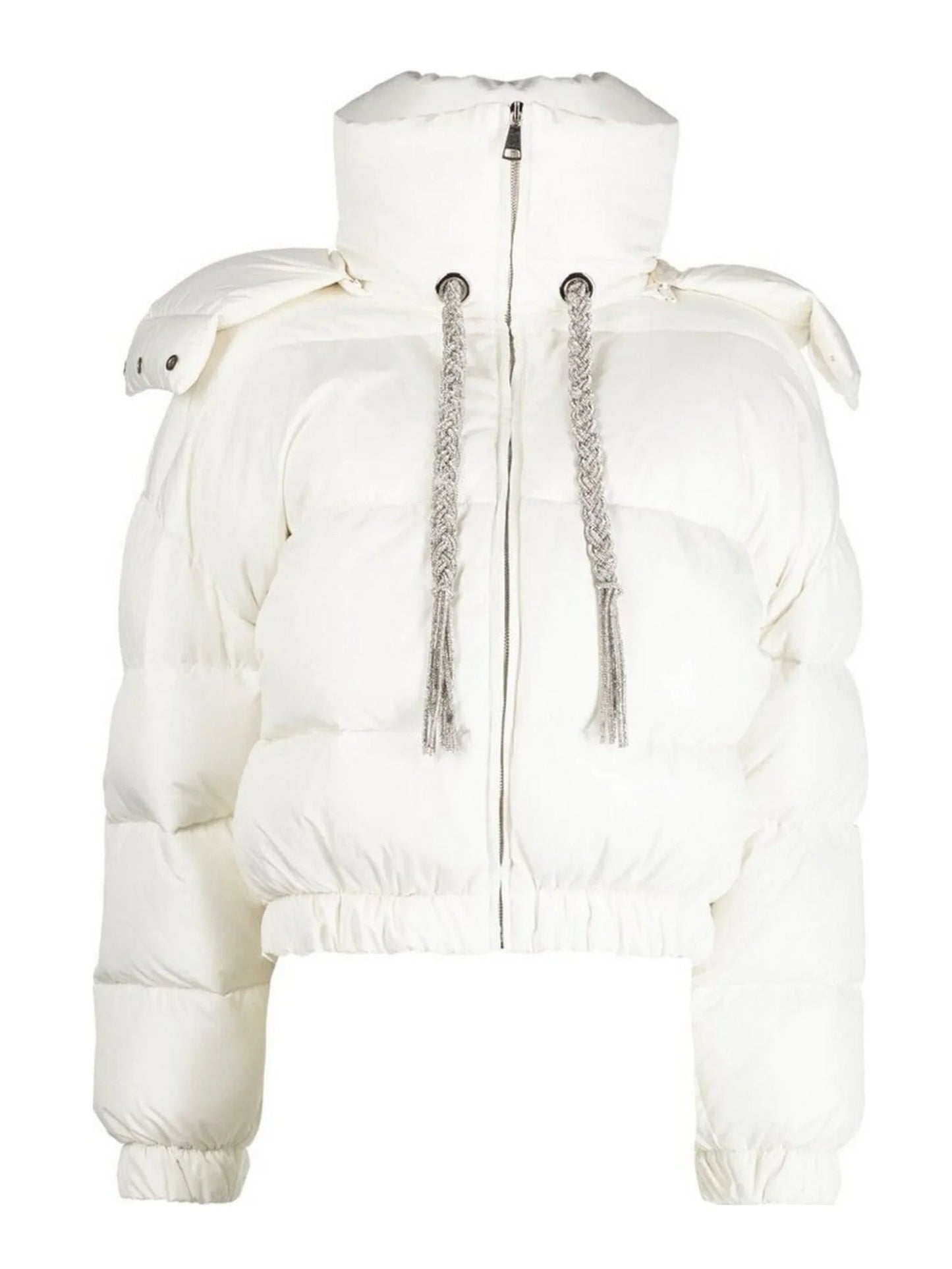 Hooded Down Jacket in White with Braided Crystal Ties - Jackets