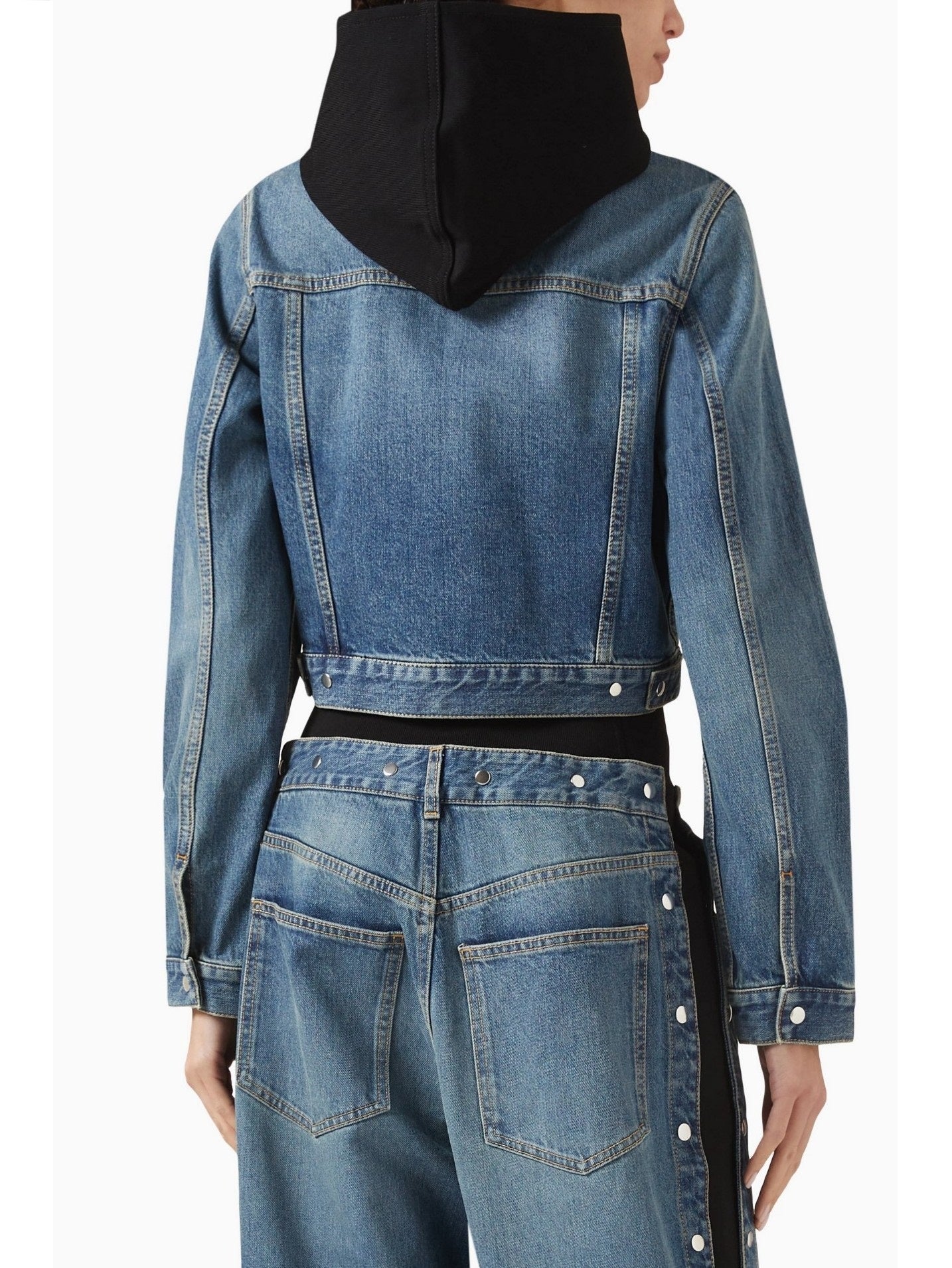 Hooded jersey-trimmed denim jacket featuring a stylish black hood for modern looks