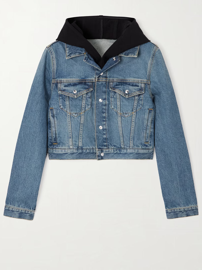 Blue denim jacket with black hood in a stylish hooded jersey-trimmed denim design