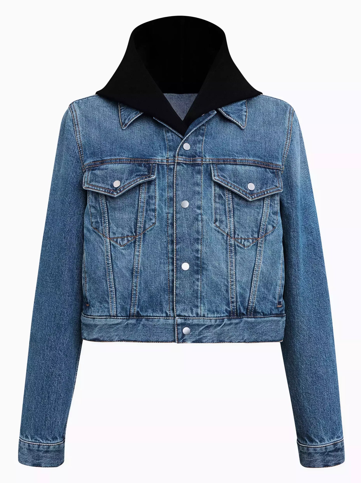 Cropped Hooded Jersey-Trimmed Denim Jacket with Black Hood for stylish comfort