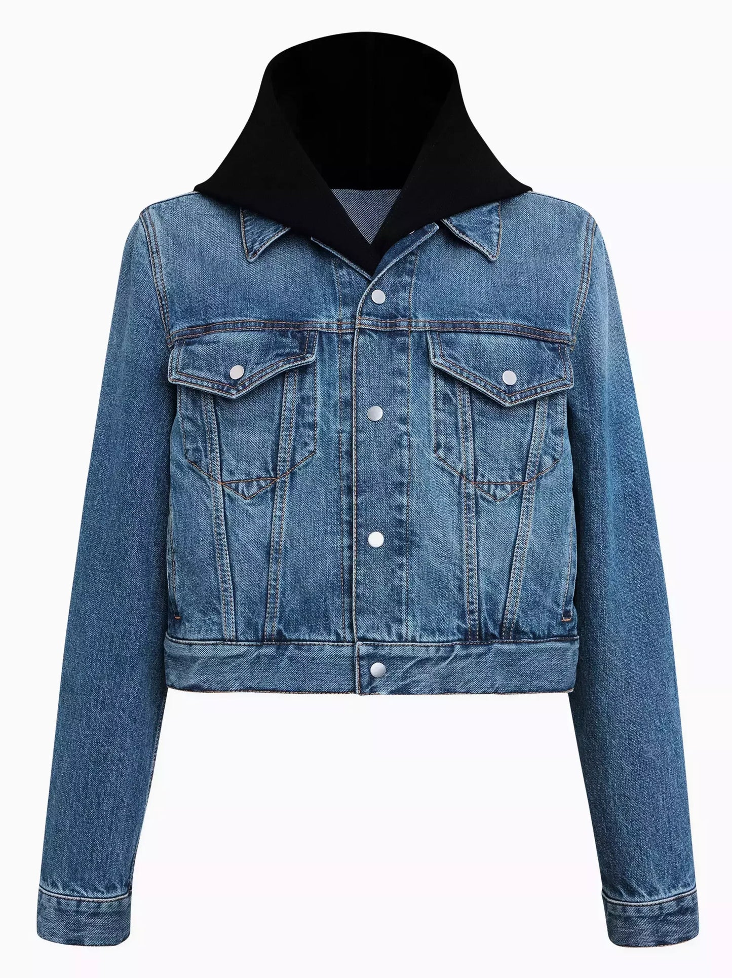 Cropped Hooded Jersey-Trimmed Denim Jacket with Black Hood for stylish comfort