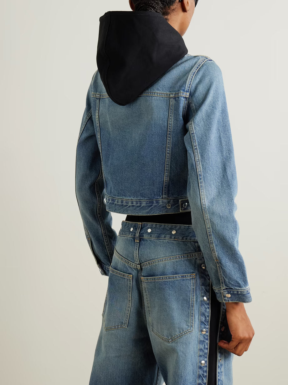 Hooded jersey-trimmed denim jacket featuring a stylish black hood for modern looks