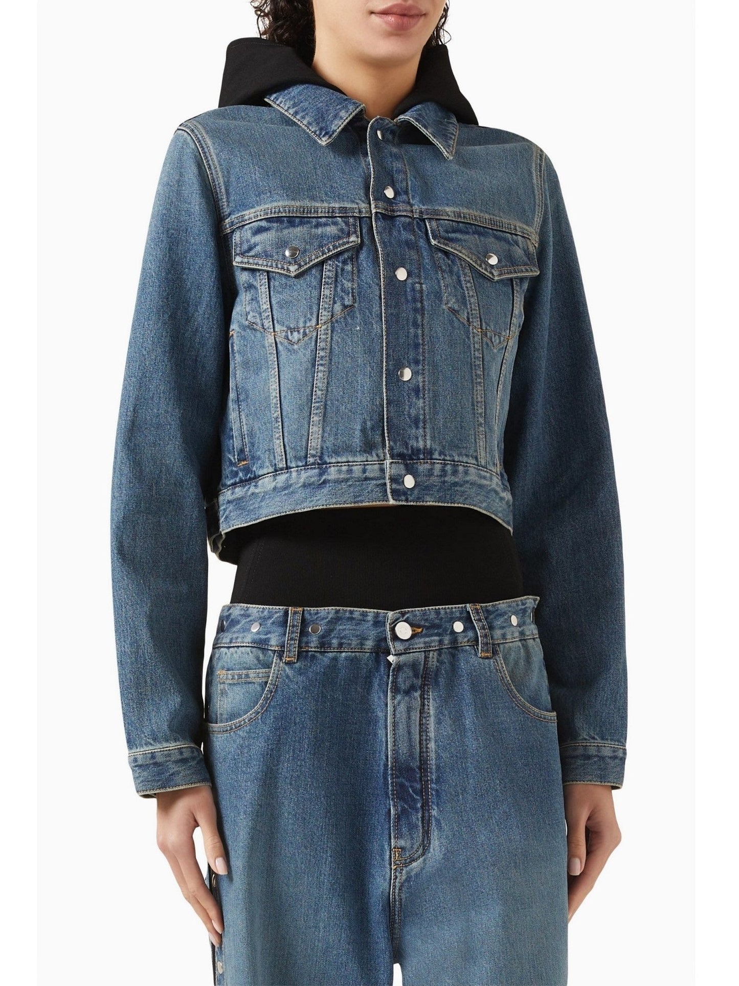 Cropped Hooded Jersey-Trimmed Denim Jacket with black hood for stylish looks