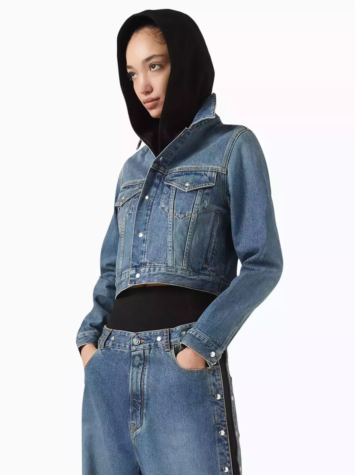 Cropped Hooded Jersey-Trimmed Denim Jacket with stylish black hood for casual wear