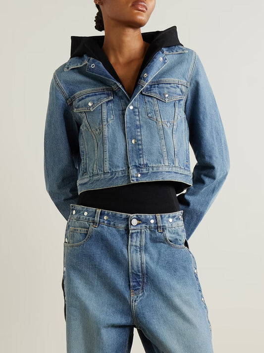 Hooded jersey-trimmed denim jacket paired with matching jeans for stylish outfits