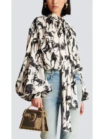 Horses Printed Silk Shirt with Neck-Tie - Tops