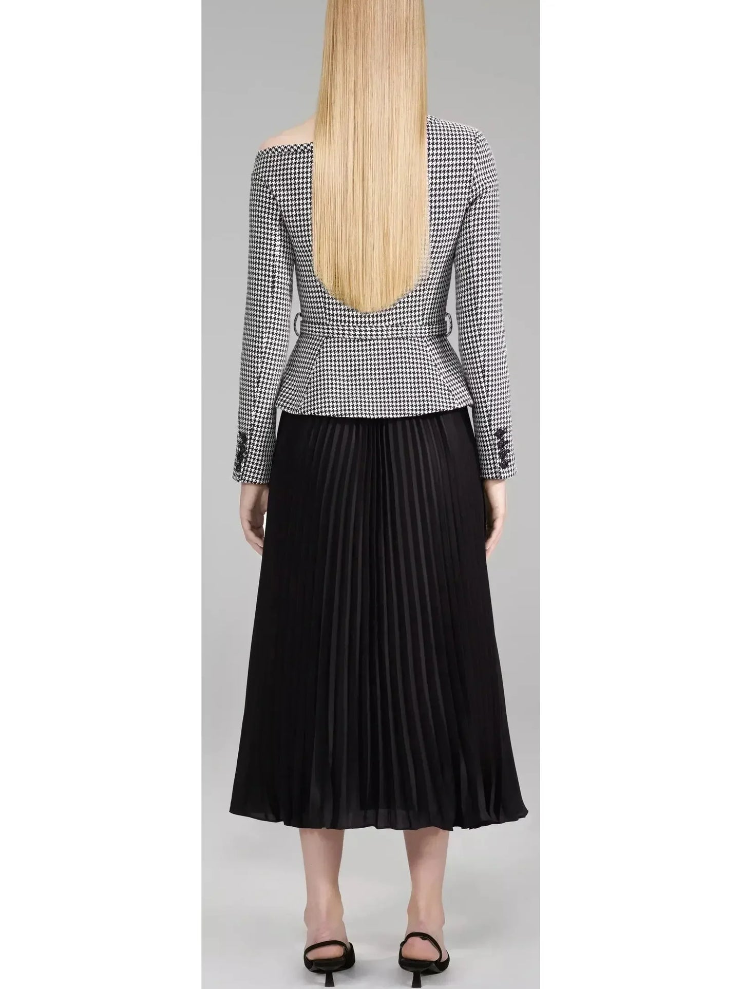 Houndstooth and Chiffon Midi Dress - Dresses