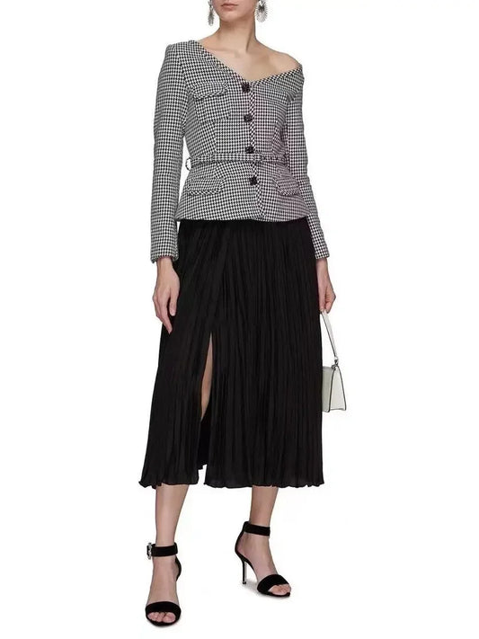 Houndstooth and Chiffon Midi Dress - Dresses