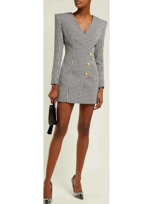 Houndstooth Buttoned Mini Dress - Dresses