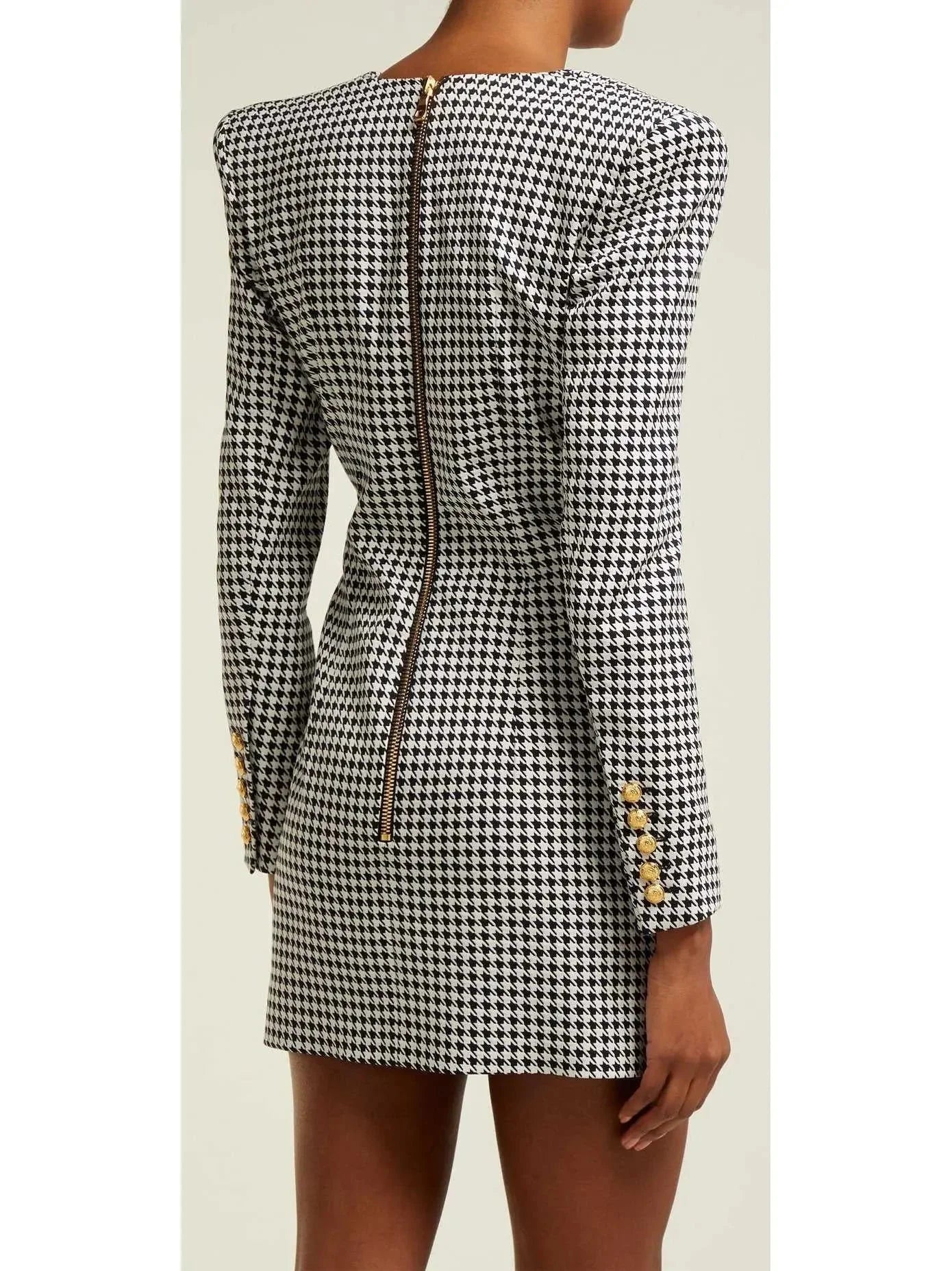 Houndstooth Buttoned Mini Dress - Dresses