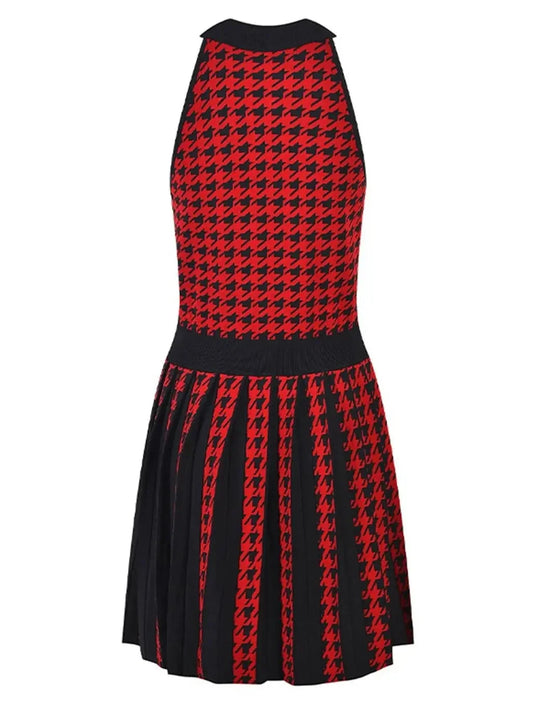 Houndstooth Pleated Mini Dress Red and Black - Dresses