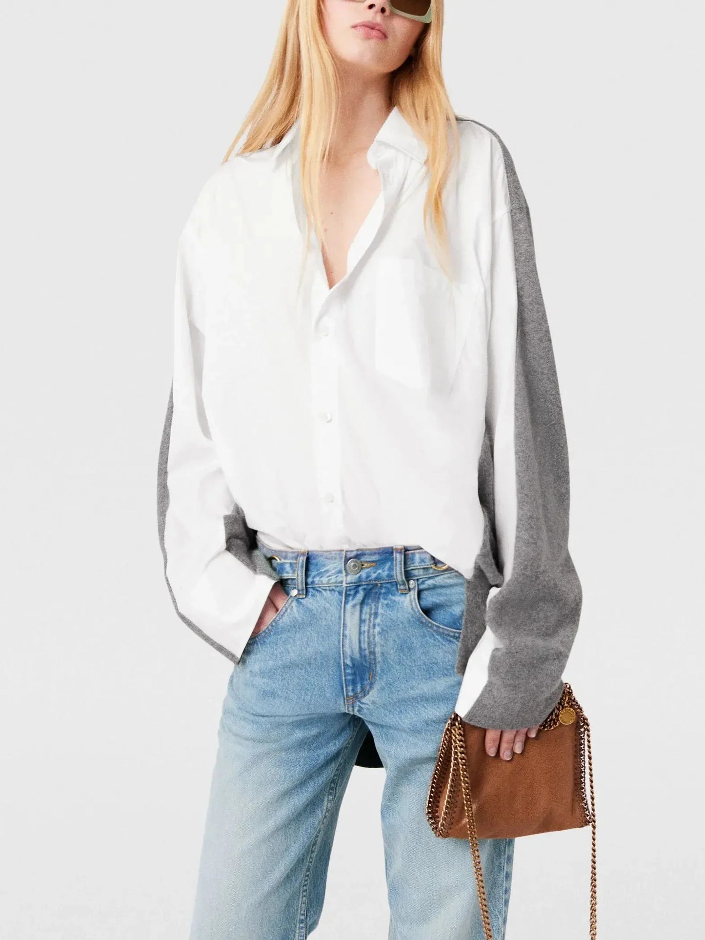 Hybrid Layered Sweater Shirt in White and Gray - Tops
