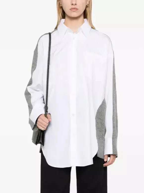Hybrid Layered Sweater Shirt in White and Gray - Tops