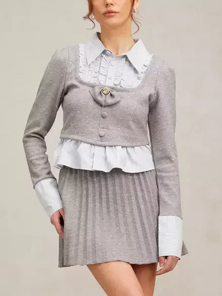 Gray sparkly Hybrid Ruffled Striped Grey Top and Pleated Skirt Set for stylish outfits