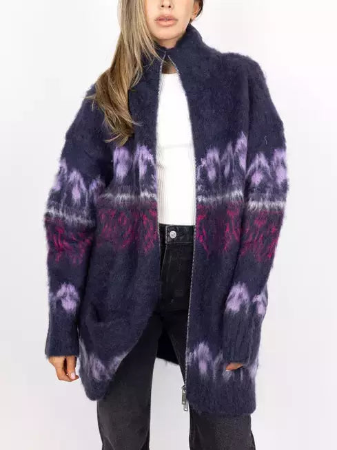 Open-front, patterned fuzzy Intarsia Front-Zip Mohair Cardigan Coat for stylish warmth