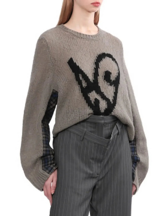 Intarsia Graphic Sweater with Plaid Detail - Sweaters & Knitwear