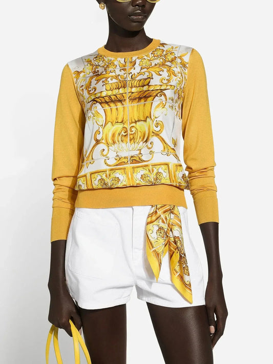 Italian Majolica Tile Printed Yellow and White Knit Sweater - Sweaters & Knitwear