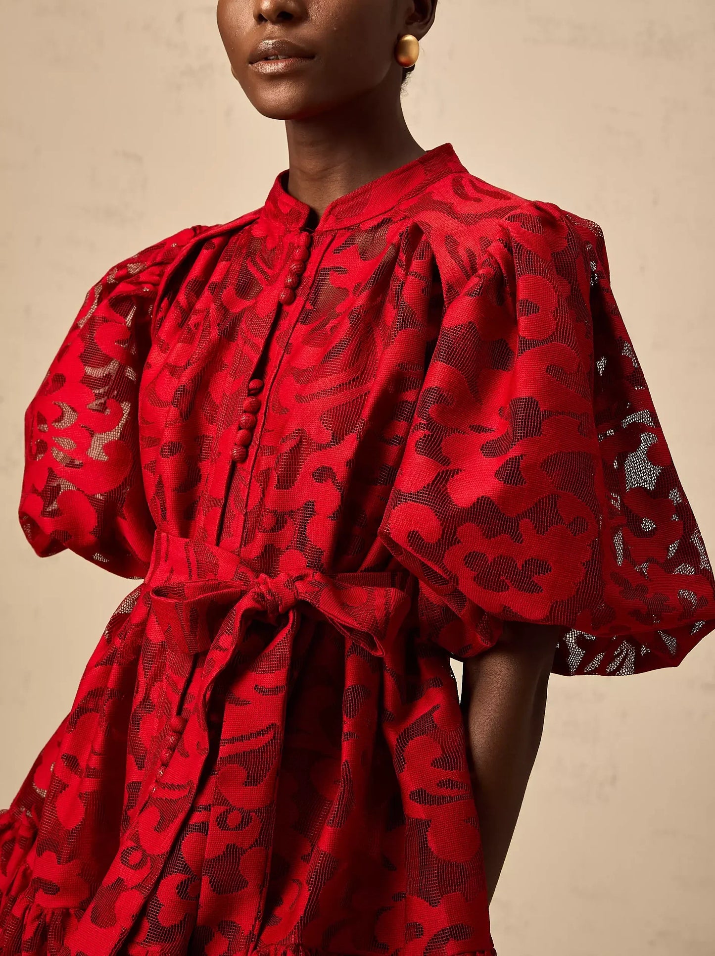 Jacquard Floral Red Puff-Sleeve Mini Dress - Dresses