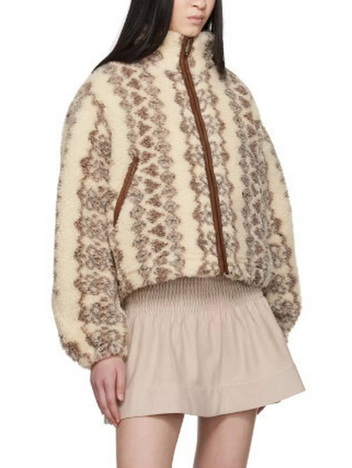 Jacquard Graphic Cropped Fleece Teddy Jacket - Jackets