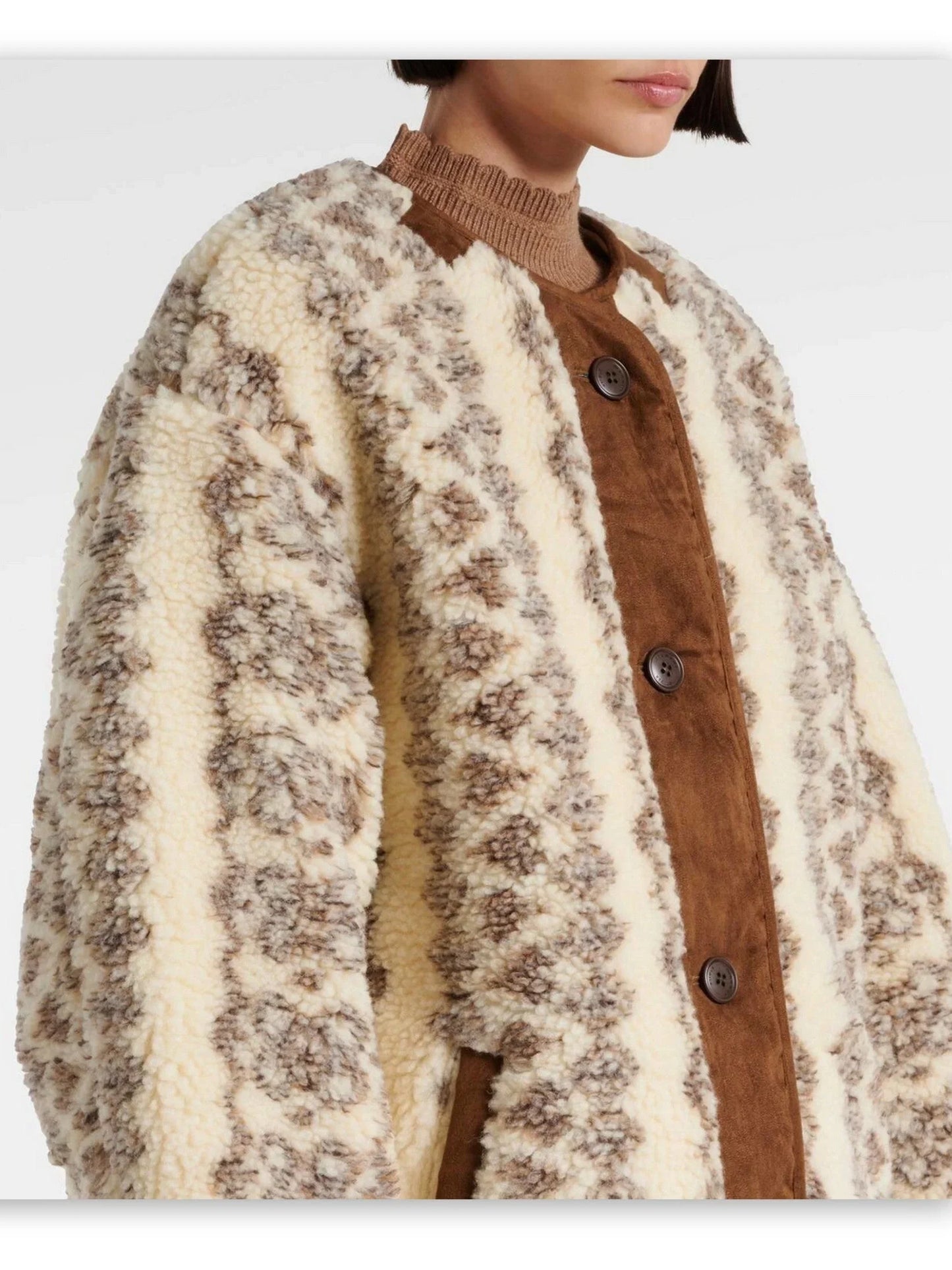 Jacquard Graphic Pattern Long Fleece Teddy Jacket - Jackets
