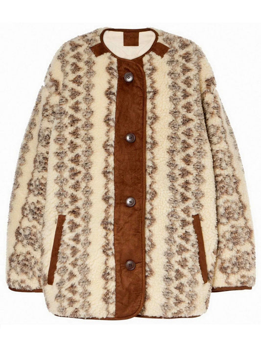 Jacquard Graphic Pattern Long Fleece Teddy Jacket - Jackets