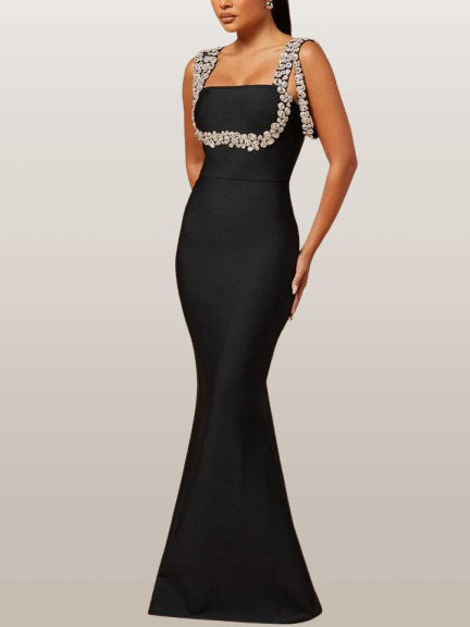 Jewel-Detail Long Black Sleeveless Stretch Gown - Dresses