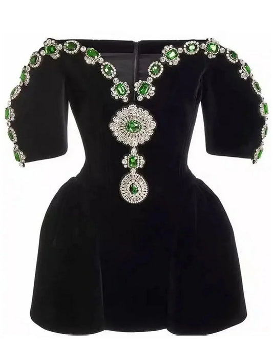 Jewel-Embellished Black Velvet Mini Dress - Dresses