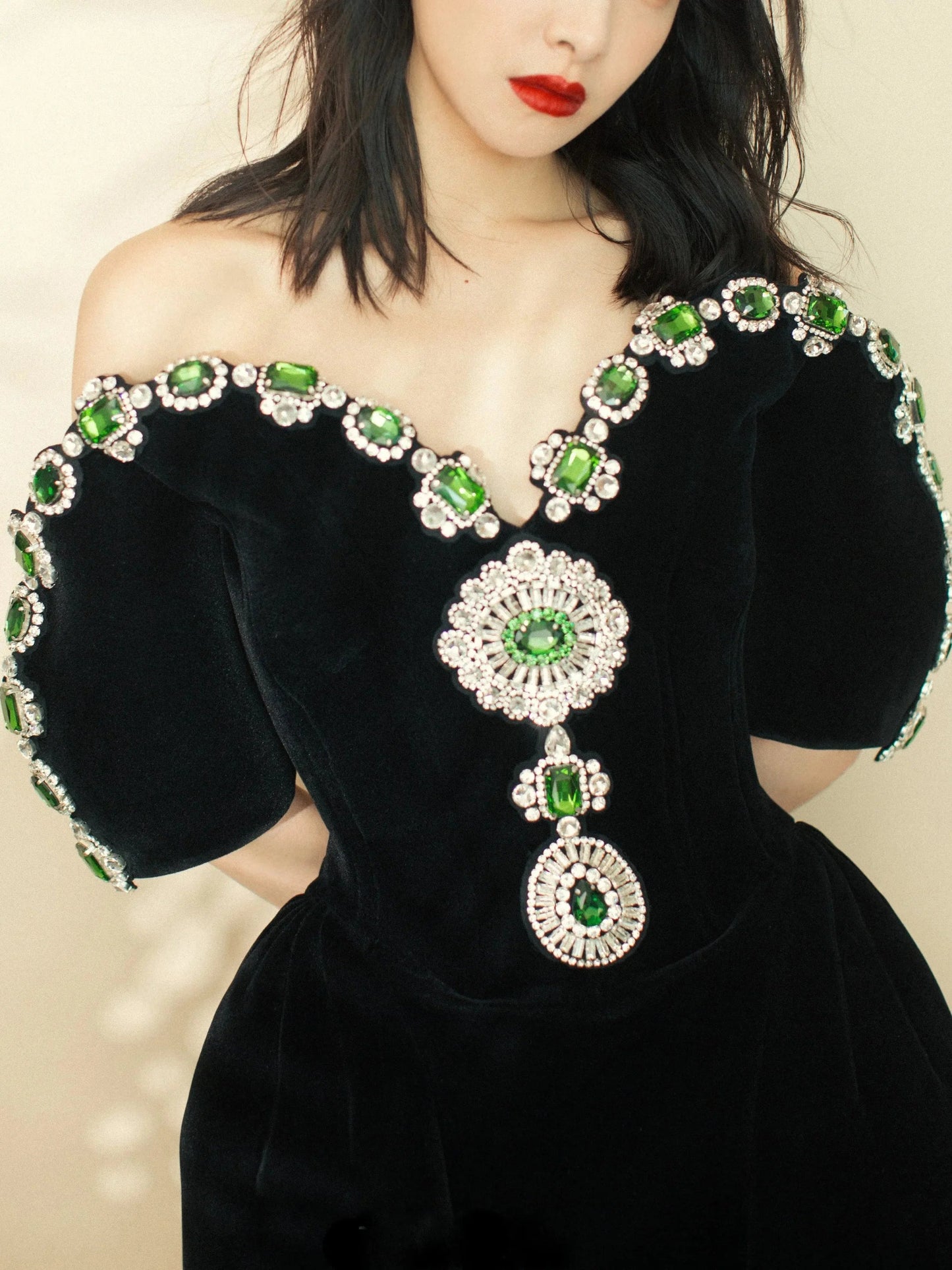 Jewel-Embellished Black Velvet Mini Dress - Dresses