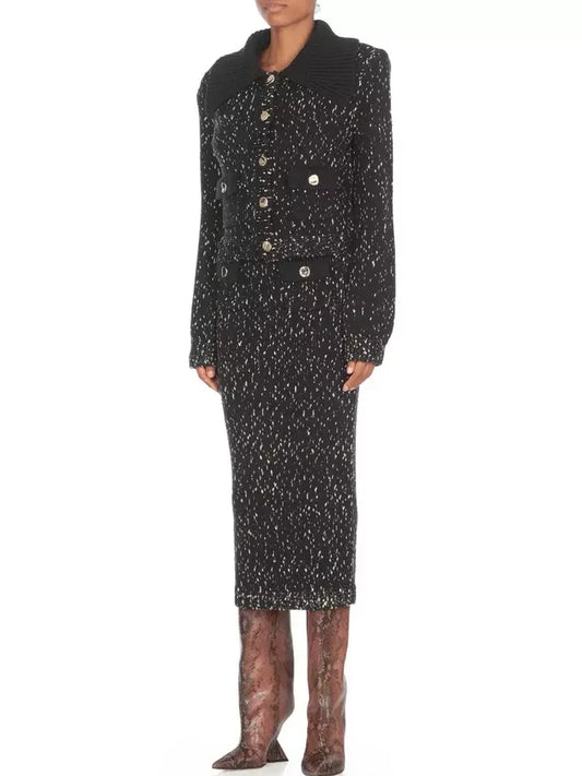 Knit Cardigan Sweater with Oversized Collar with Matching Skirt - Suits & Sets