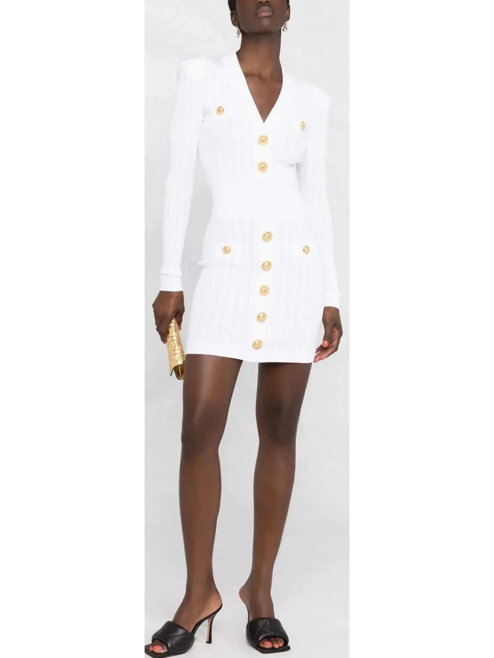 Branna Couture White Knit Dress with Gold Buttons