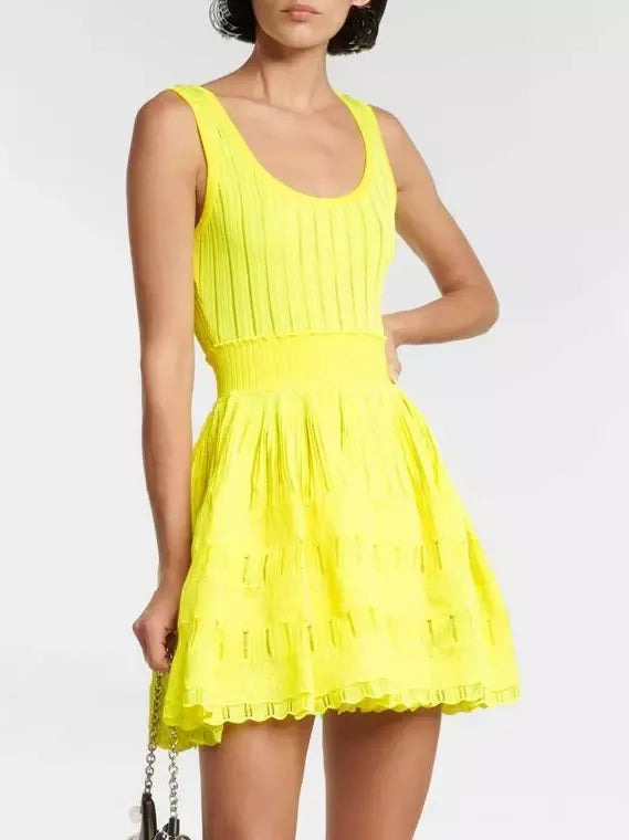 Neon yellow Knit Fit and Flare Skater Tank Dress showcasing vibrant style and comfort