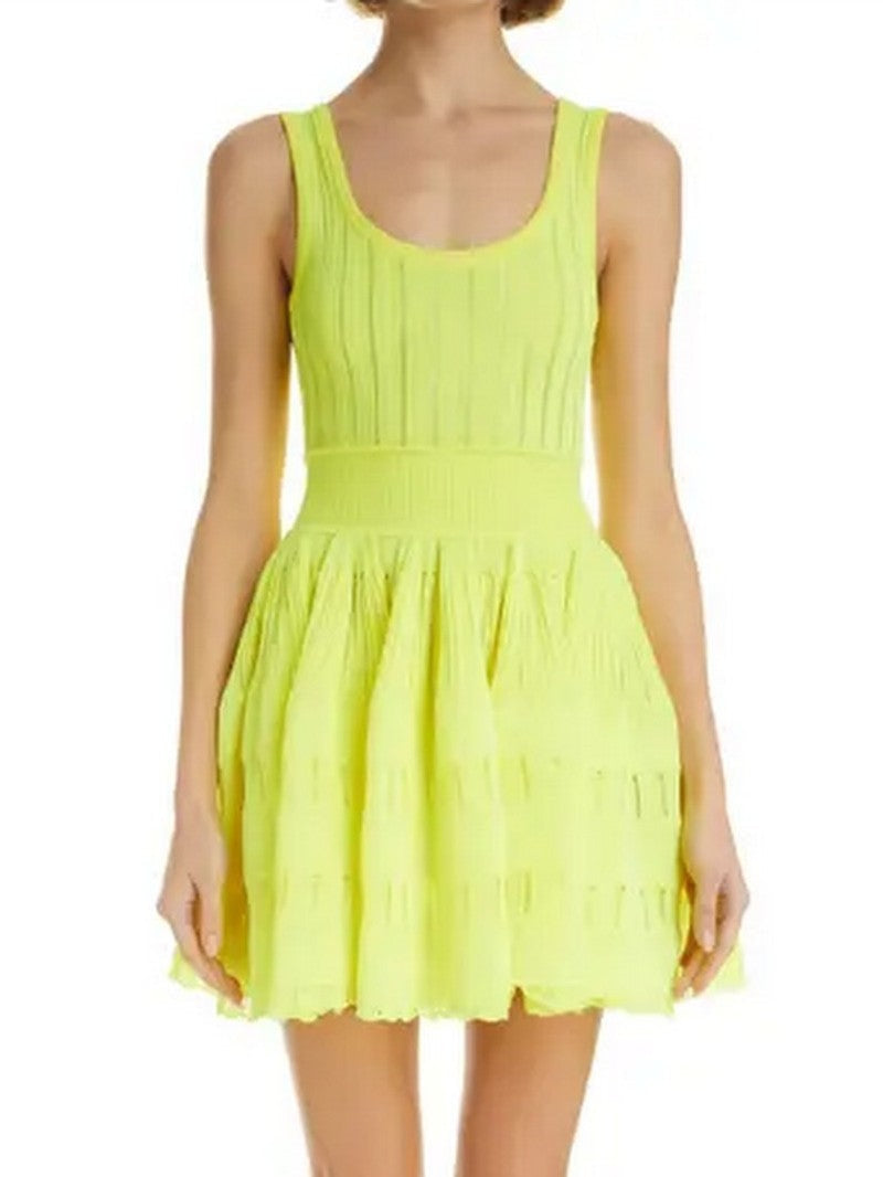 Neon yellow Knit Fit and Flare Skater Tank Dress showcasing a vibrant bright yellow hue