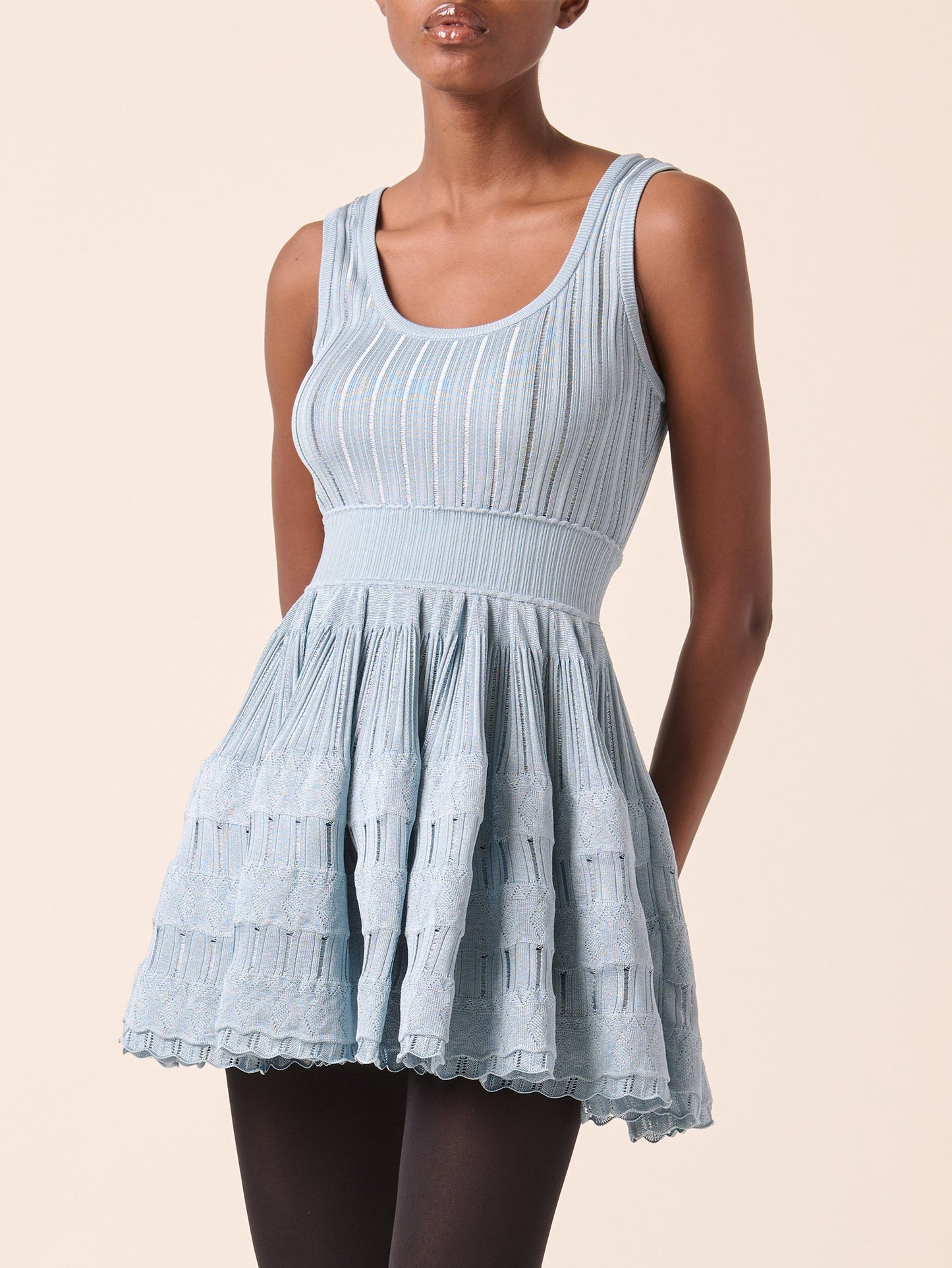 Light Blue Knit Fit and Flare Skater Tank Dress with tiered design