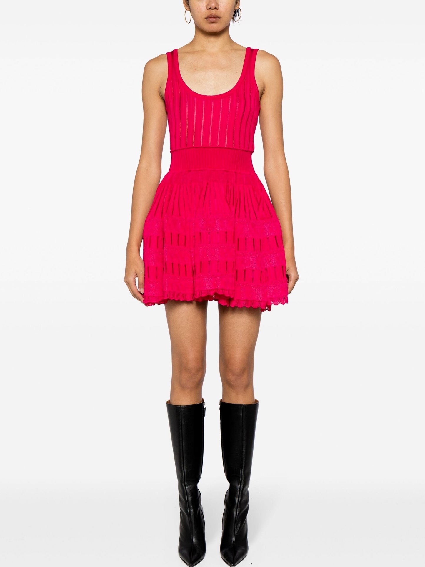 Fuchsia tiered mini dress as part of the Knit Fit and Flare Skater Tank Dress in Raspberry Red