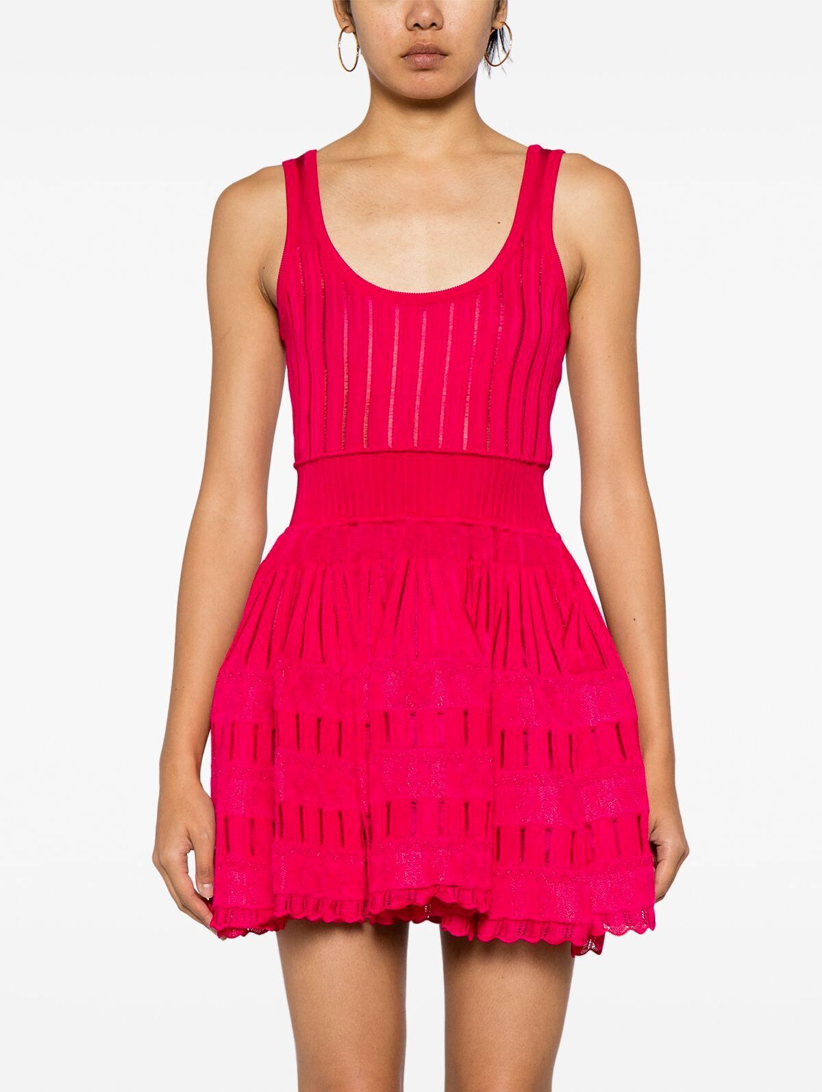 Pink tiered mini dress displayed as Knit Fit and Flare Skater Tank Dress in Raspberry Red