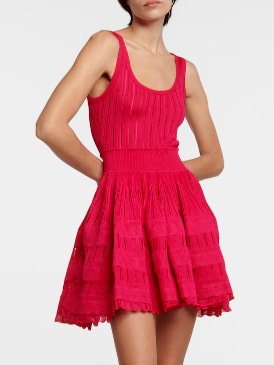 Fuchsia tiered mini dress featured in a Knit Fit and Flare Skater Tank Dress in Raspberry Red