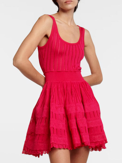 Fuchsia Knit Fit and Flare Skater Tank Dress in Raspberry Red displayed on a model
