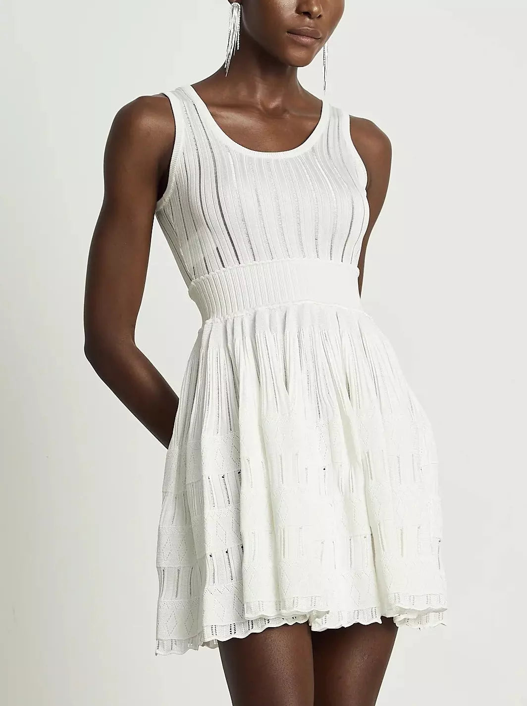 White sleeveless Knit Fit and Flare Skater Tank Dress, perfect for summer styling