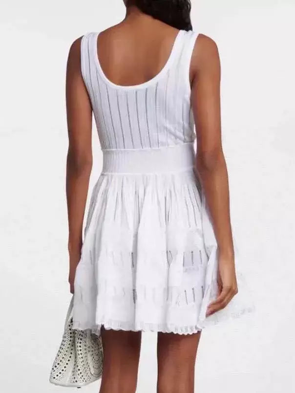 White Striped Sleeveless Knit Fit and Flare Skater Tank Dress in White for women