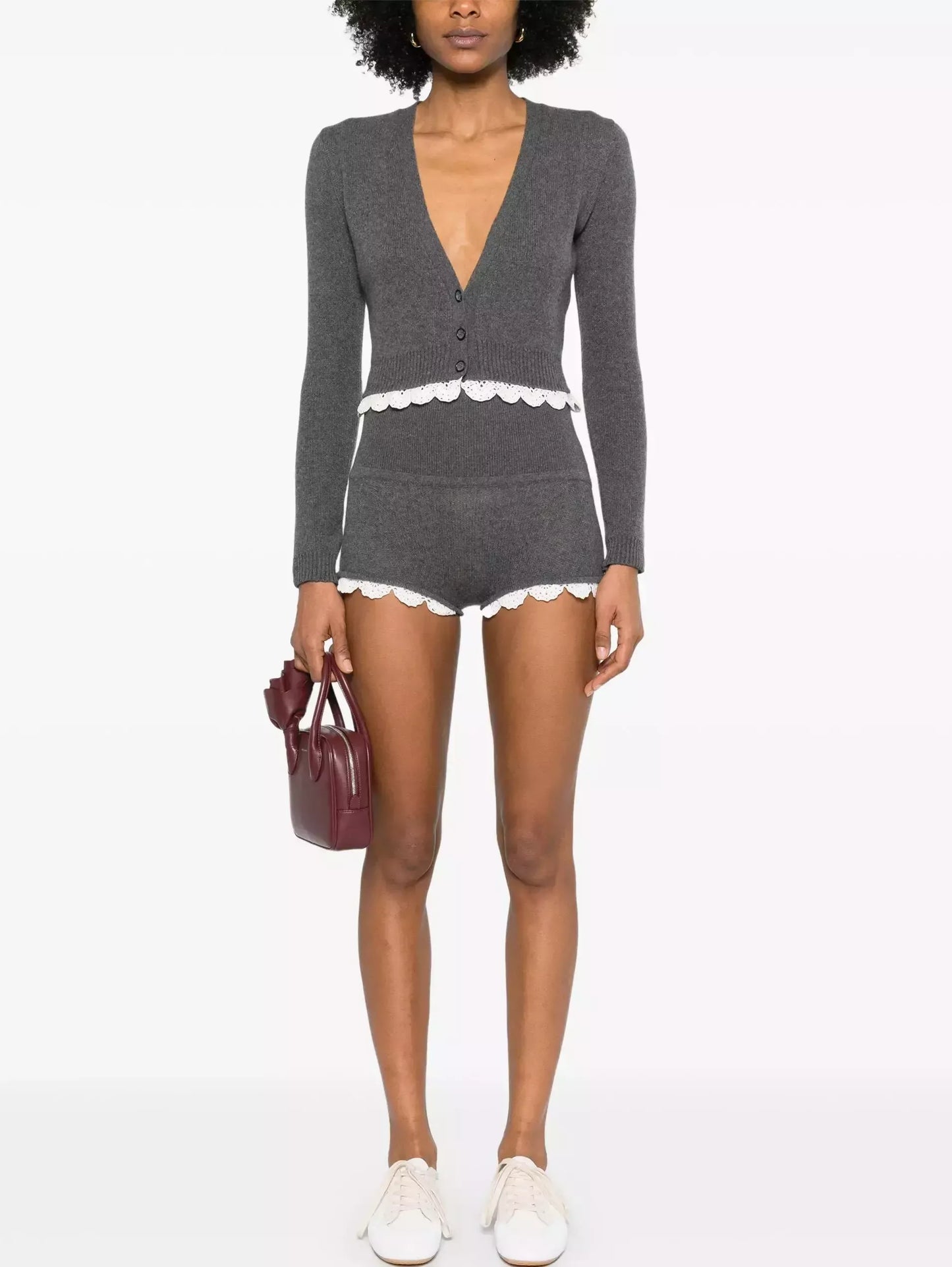Knit Macrame-Trim Cropped Cardigan and Short Set - Suits & Sets