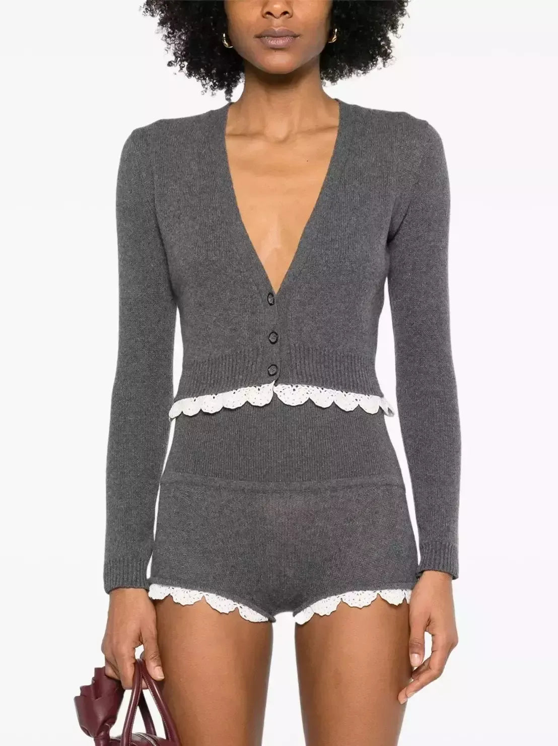 Knit Macrame-Trim Cropped Cardigan and Short Set - Suits & Sets