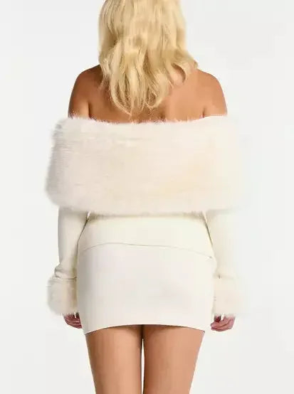 Knit Off-Shoulder Plush Fur Top and Mini Skirt Set - Suits & Sets