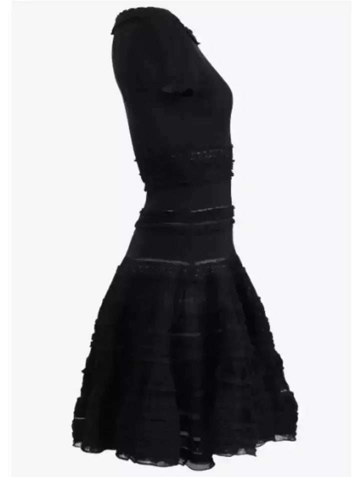 Knit Paneled Ruffled Flared Mini Dress - Dresses