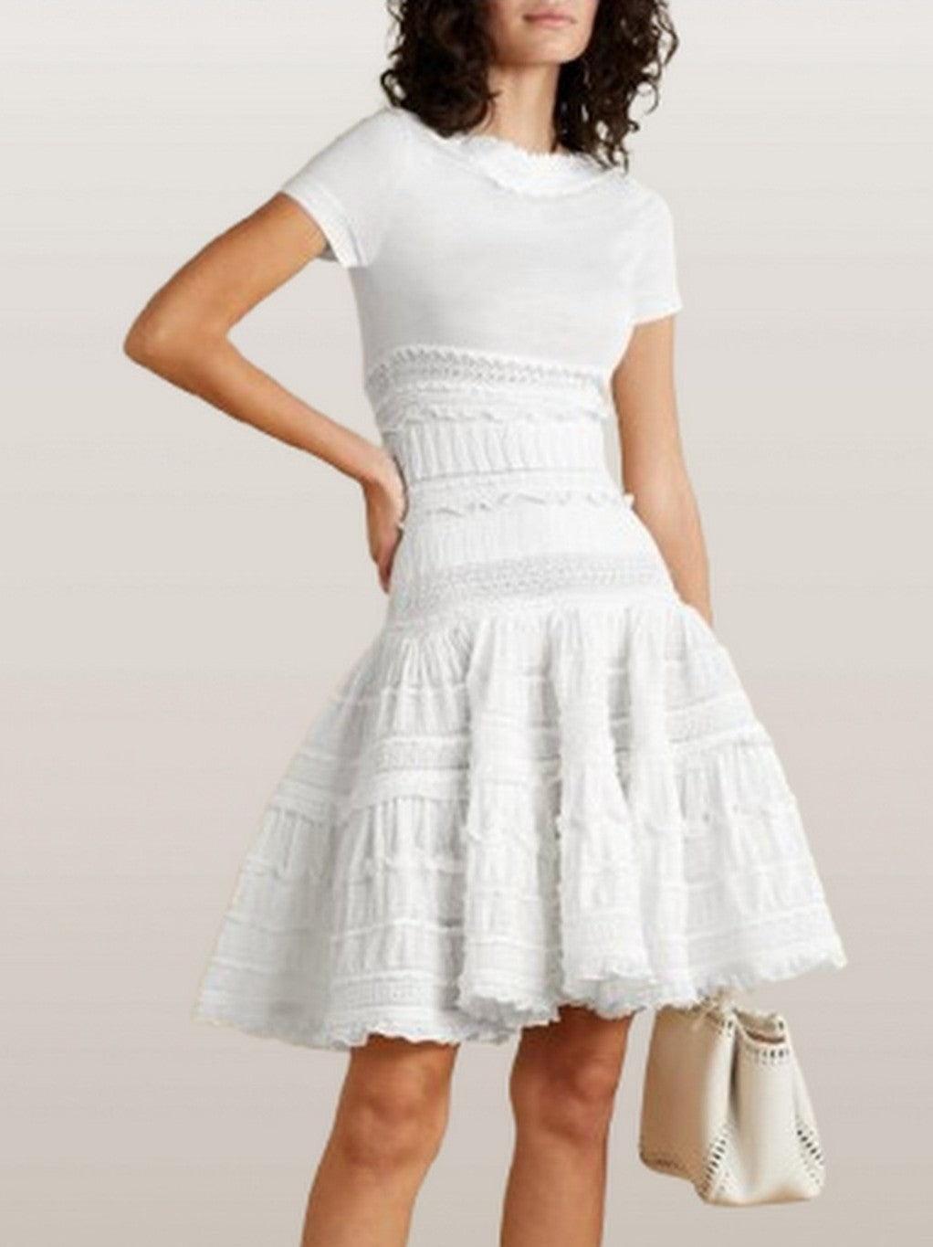Knit Paneled Ruffled Flared Mini Dress - Dresses