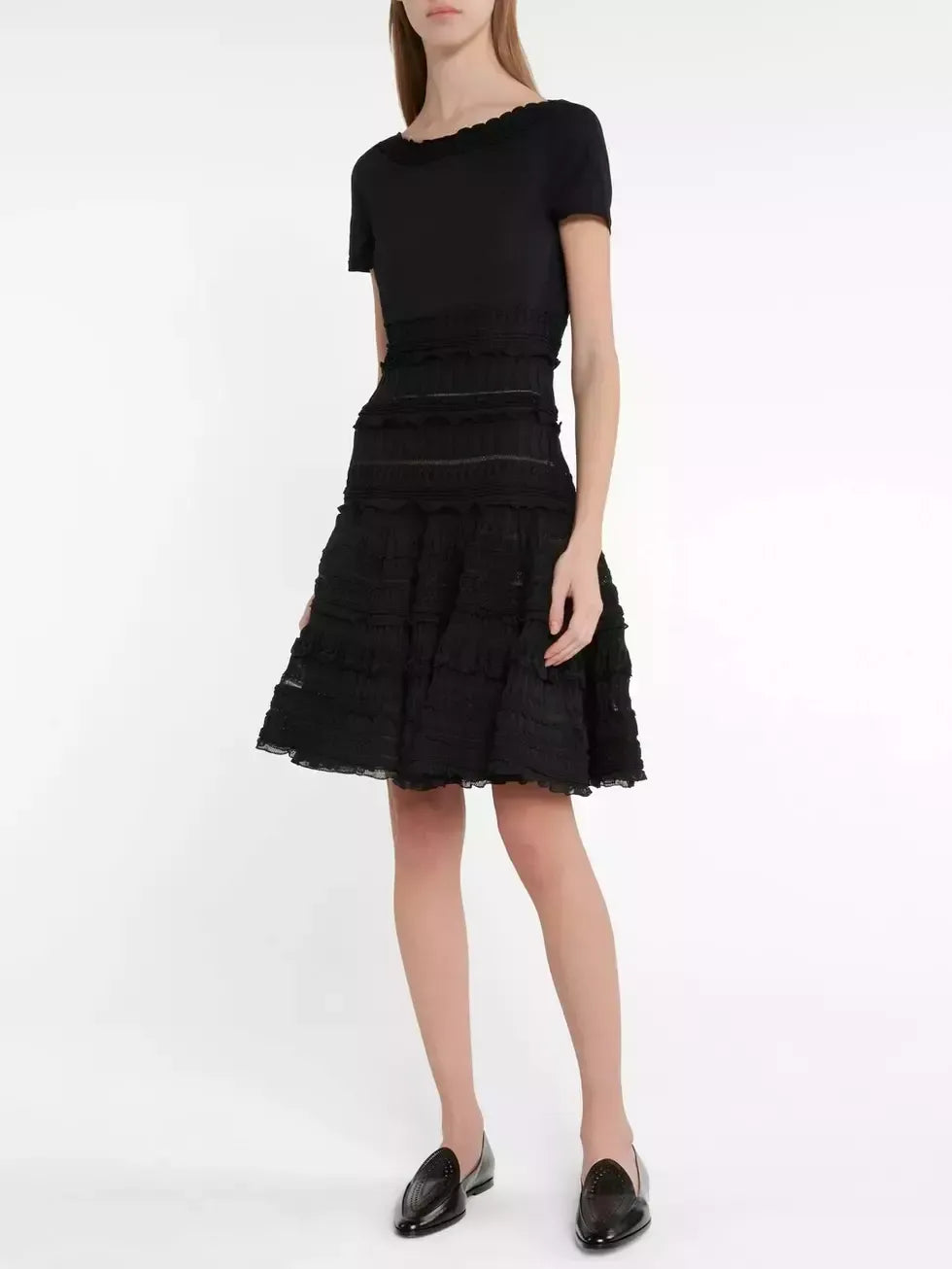 Knit Paneled Ruffled Flared Mini Dress - Dresses