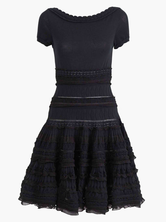 Knit Paneled Ruffled Flared Mini Dress - Dresses