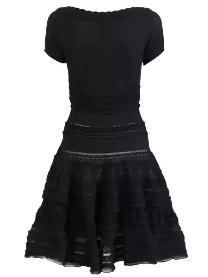 Knit Paneled Ruffled Flared Mini Dress - Dresses